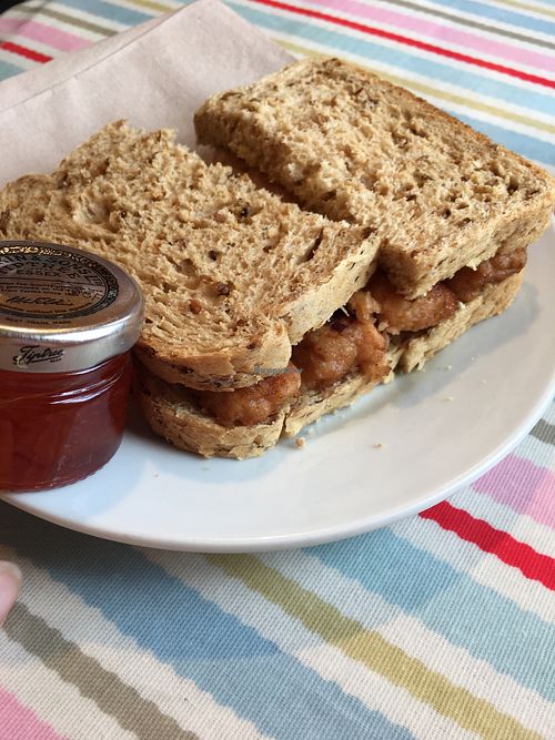 Linda McCartney sausage sandwich with chilli and red pepper jam at Word of Mouth in Evesham