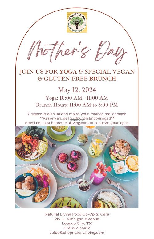 Join us for Yoga & Brunch with special hours for Mother's Day May 12, 2024. at Natural Living Food Co-op and Cafe in League City