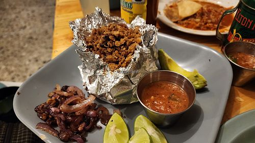 papas al horno. baked potato with soy protein. very yummy at La Ruta Vegana in Mazatlan