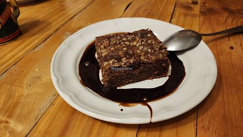 brownie. warm and tasty and would be so much yummier with ice cream at La Ruta Vegana in Mazatlan