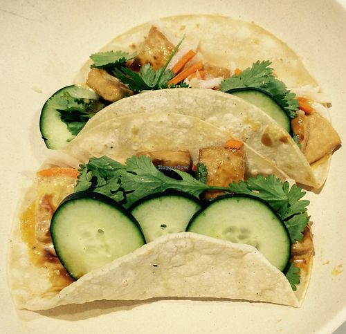 Banh momo gluten-free corn tortilla tacos with tofu (also a sandwich option available) at Oki Momo in San Luis Obispo