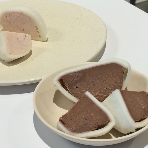 Oki Mochi - A hearty dollop of our housemade ice cream handwrapped in a delightfully chewy, lightly sweet rice mochi. Flavors: chocolate, vanilla, green tea, mango, strawberry. at Oki Momo in San Luis Obispo