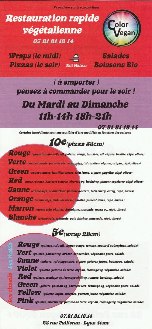 Menu as of October 2015 at Color Vegan in Lyon