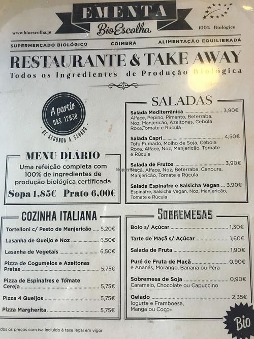Menu at Bioescolha in Coimbra