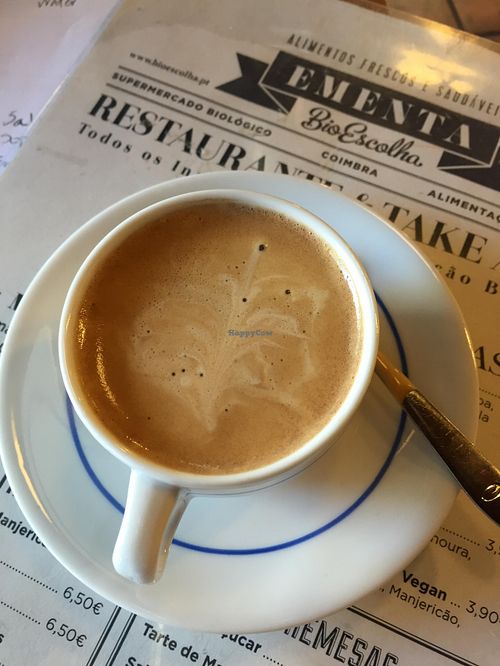 Espresso with almond milk at Bioescolha in Coimbra