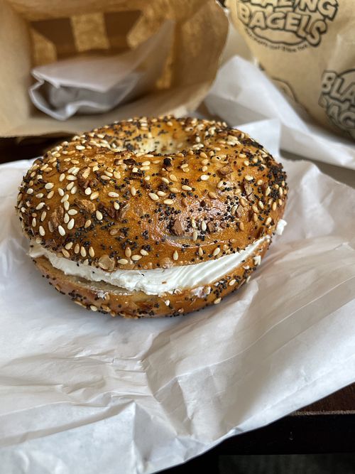 “Everything” with cream cheese  at Blazing Bagels in Bellevue