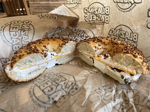Garlic with cream cheese, capers, and cheddar   at Blazing Bagels in Bellevue