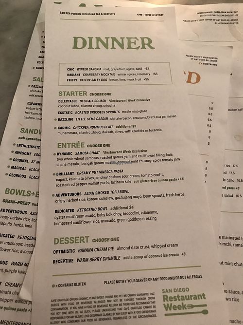 Menu at Cafe Gratitude in San Diego