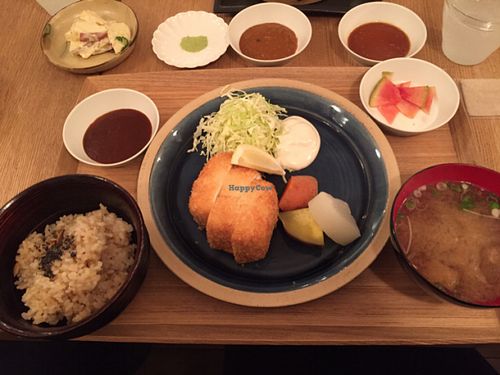 deep fried tofu, brown rice, miso soup at Brown Rice ブラウンライス in Tokyo