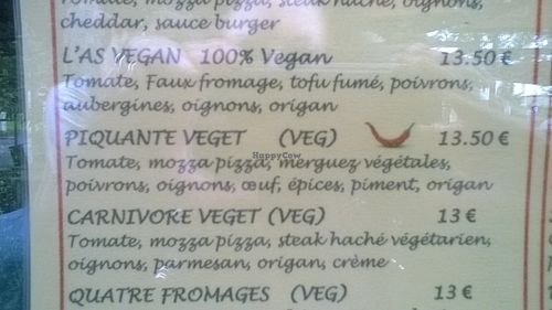 L'As Vegan, pizza 100% vegan avec fromage vegan, 13.50€ ... Et d'autres pizzas végétariennes. at O Chato in Caen