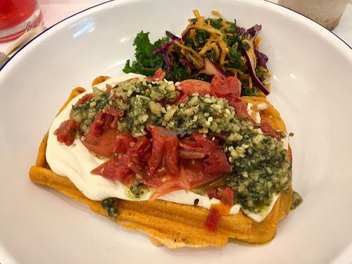 pesto cashew mozzarella waffle at Väcka in Barcelona