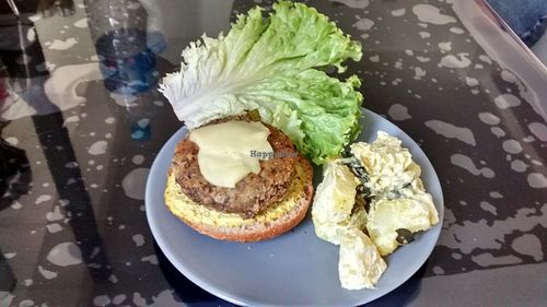 Vegan burger and potatoes with a curry sauce at Veg Mama Food Truck in Nantes