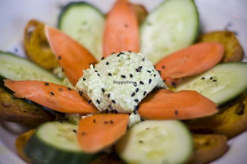 Edamame Hummus with veggies and lotus root at Blue Sushi Sake Grill in Denver