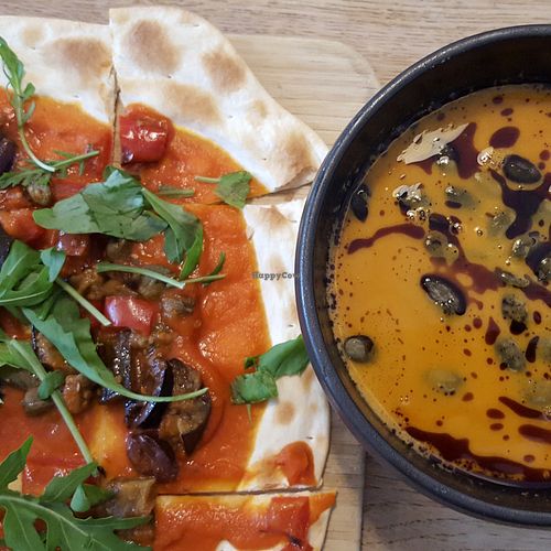 Pumpkin soup and loaded flat bread at TIAN Bistro am Spittelberg in Vienna