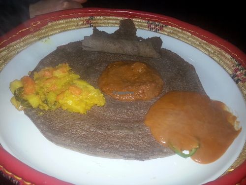 Ethiopian flat bread with three vegetarian dishes at Saba's Ethiopian in Fitzroy