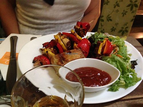 Grilled veggies with BBQ sauce and potato and cheese filled pastry (vegetarian)  at Clear Head - Lehka Hlava in Prague