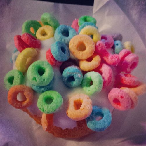 Vegan cake donut, vanilla frosting, Fruit Loops. at Zombee Donuts & Bakeshop in Fullerton