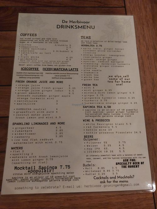 Drink Menu at De Herbivoor in Groningen