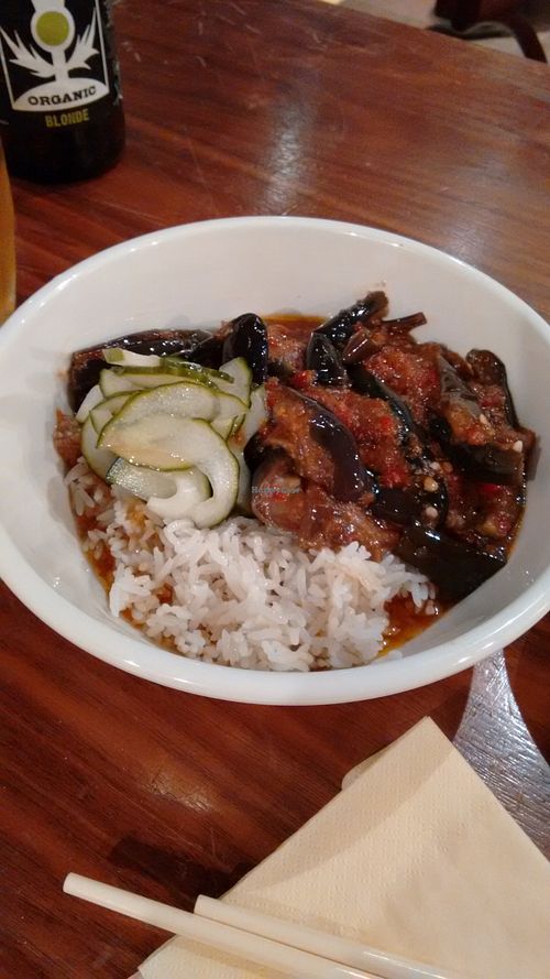 Spicy aubergines with rice and pickle. at The Hug and Pint in Glasgow