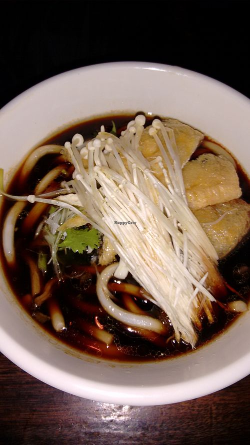 Some.mushroom and tofu.broth, with noodles at The Hug and Pint in Glasgow