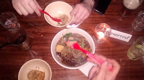 Sharing mushroom broth at The Hug and Pint in Glasgow