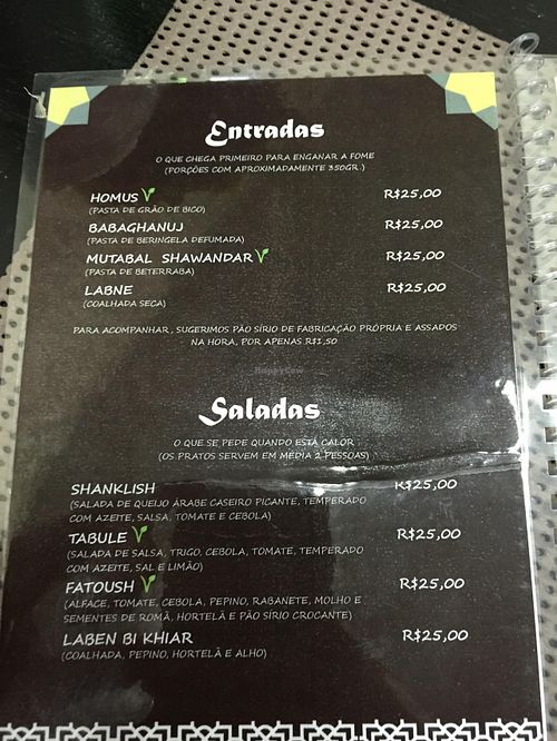 Menu with V for vegan options :) at Casa Siria in Sao Caetano Do Sul