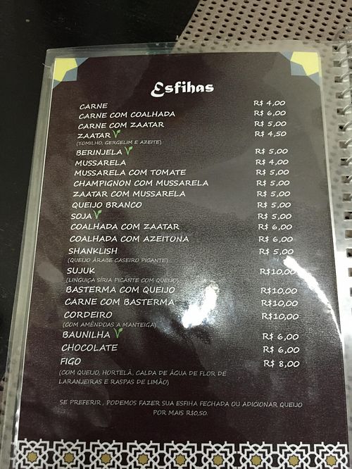 Menu with V for vegan options :) at Casa Siria in Sao Caetano Do Sul