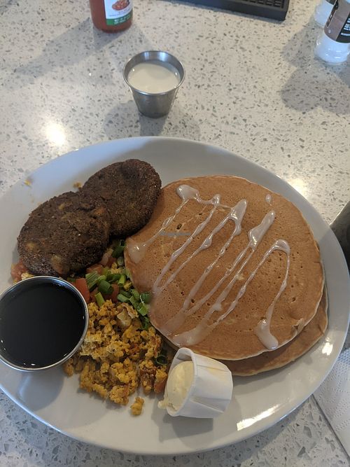 Lemon poppy seed pancake, vegan/gf sausage, and tofu scramble at Kerbey Lane Cafe in Round Rock