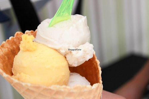 vanilla, coconut and mango ice cream at Heladeria Eco Deleite in Granada