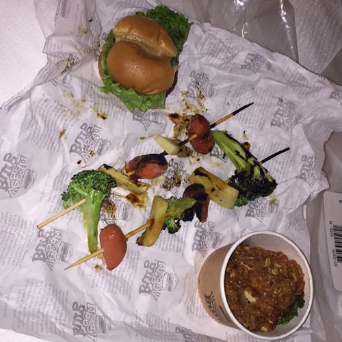 Veggie slider, skewers, and chicken at VeganBurg in San Francisco