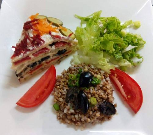 Vege layered pancake with rice and nuts at Zlatna Krusha in Plovdiv