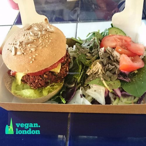 Vegan burger and salad at The Feel Good Cafe in East London