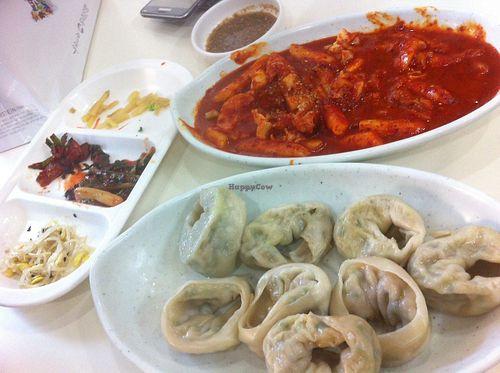  떡볶이 & 만두! Ddeokbokki (spicy rice cake...) & Dumplings  at SaRangBunSik - 사랑분식 in Seoul