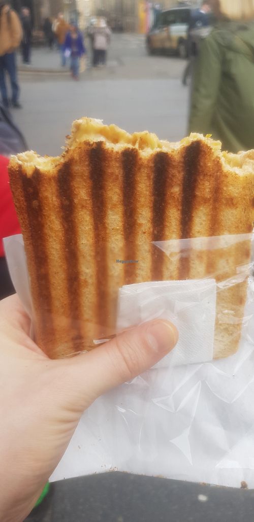 Vegan Haggis and Cheese Toastie with Brown Sauce at Bobby's Sandwich Bar in Edinburgh