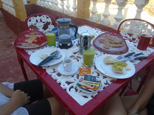 Another vegan breakfast featuring fresh banana bread, avocado and ginger smoothies, fresh fruits and avocado toasties..... at Casa El Delfin in Trinidad