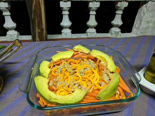 susan's attempt at a raw vegan main dish. not recommended. a bed of raw pumpkin and carrots with some avocado. not  creative nor tasty. returned and asked her to cook it.  at Casa El Delfin in Trinidad