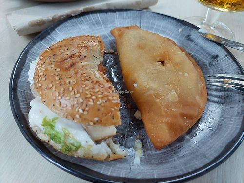 Half a bagel and Spanish empanadilla at Crock and cock in Bilbao