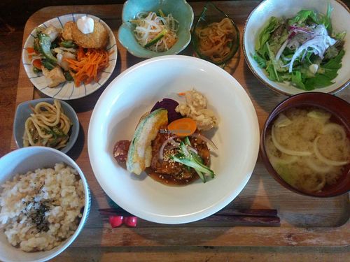 A huge feast - this was followed by dessert. at Veggie Syokudo Funadeya in Fukuoka