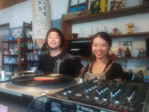The proprietors in their funky restaurant at Veggie Syokudo Funadeya in Fukuoka