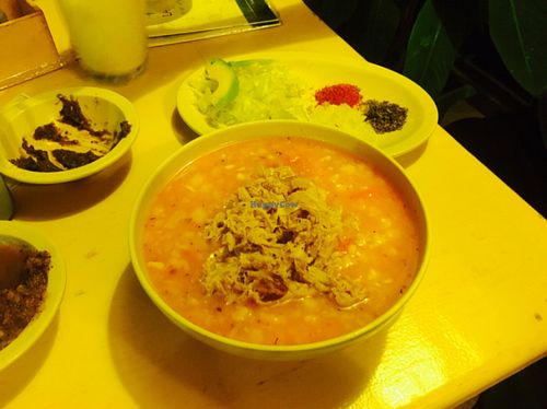 vegan chicken pozole was AMAZING! best vegan food in Cancun at Las Delicias Fonda Vegana y Vegetariana  in Cancun