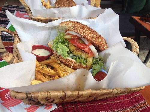Vegan burger with chips and veganaise at Tight Aggressive in Istanbul