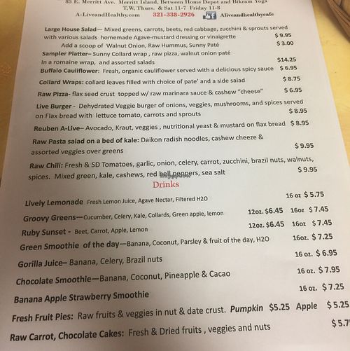 menu at A-Live & Healthy Cafe in Merritt Island
