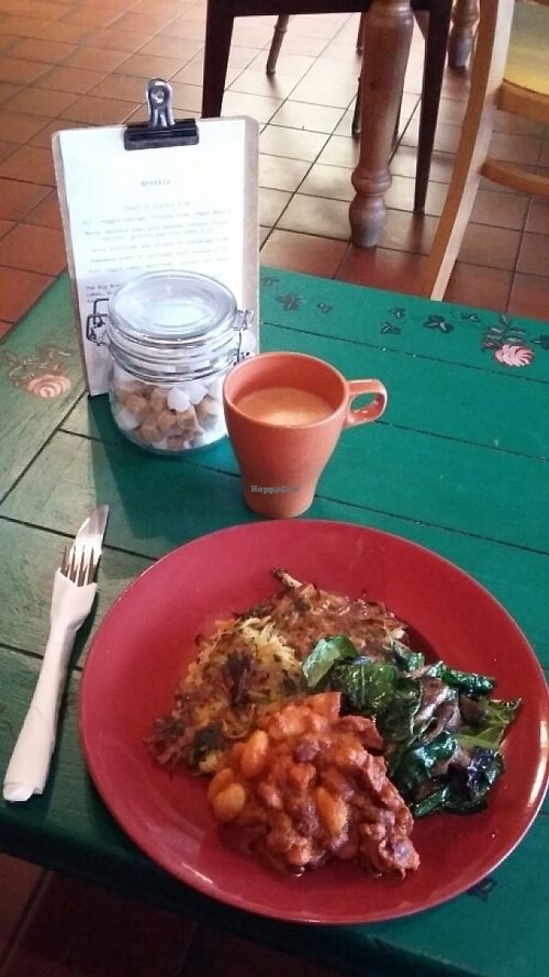 Oat Latte with Root veggie cakes, mushrooms, spinach, smoky beans Wallflower breakie!  at The Wallflower Cafe in Herne Bay