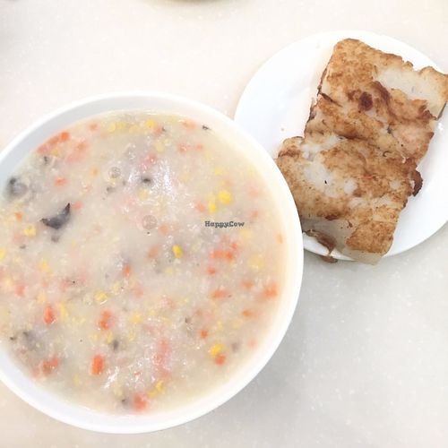 Sweet corn and mushrom congee & Radish Cake at Little Buddha Veggie Delights 小樂佛素食 in Kowloon