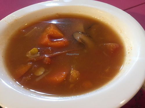 Tomato, carrot, corn, mushroom soup at i Vegetarian in Kowloon
