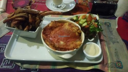 Vegan lasagna with sweet potato chips  at Cafe Shanti in Lincoln