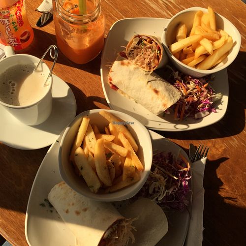 tea with soy milk, juice, fries, tofu wraps at Terra Sana Puerto Marina in Benalmadena