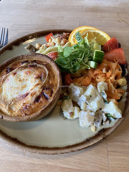 Onion, beetroot & goats cheese quiche.   at Caudwell's Mill Craft Centre in Rowsley