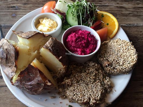 Rissoles and beetroot houmous  at Caudwell's Mill Craft Centre in Rowsley