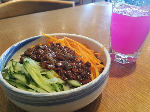Sesame noodle and dragonfruit juice at The Buddha Tree in Shanghai